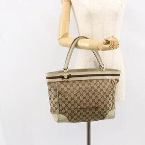 GUCCI GG Canvas Web Sherry Line Tote Bag Beige Gold
